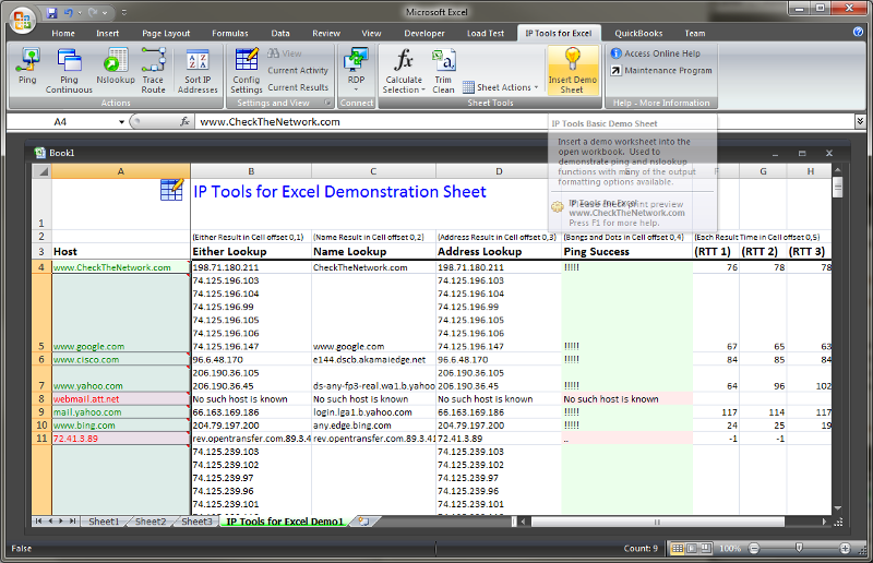 IP Tools for Excel Ping and Nslookup Demo Screen