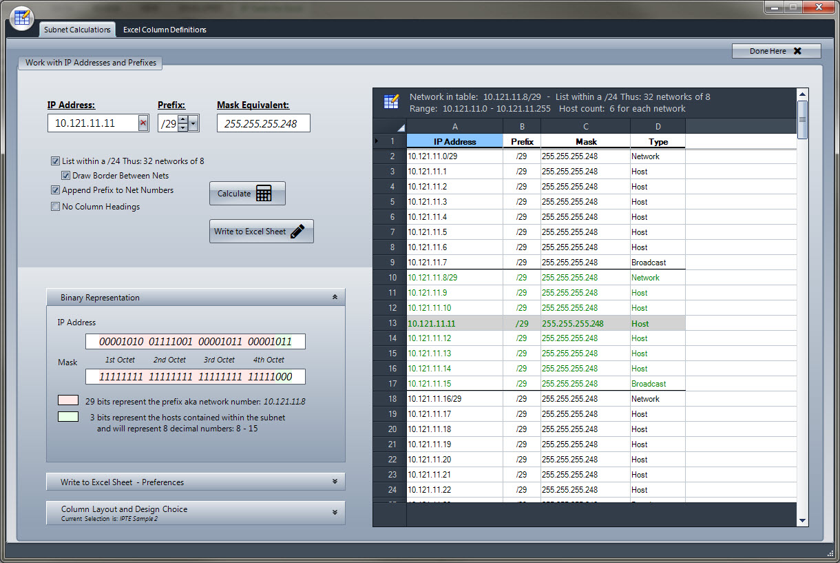 IP Tools for Excel - Interactive Subnet Calculator Screen - Calculate IP mask, prefix, network numbers, host count, and write template sheets into Excel